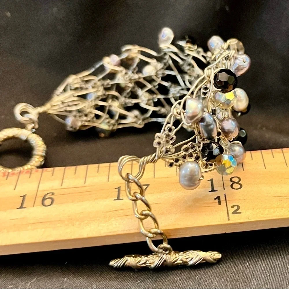 Vintage Handmade Wire Wrapped Bracelet Freshwater Pearl Aurora Borealis Bead Art